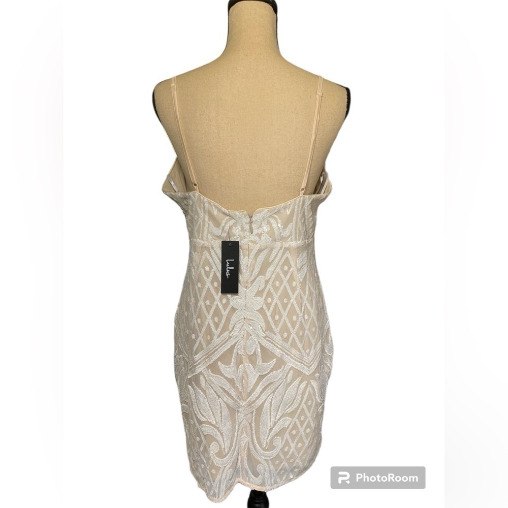 Lulus-NWT size XL/size 14 “Yours To Keep” Beige/White Sequin Mini Dress Back zip - Picture 14 of 17